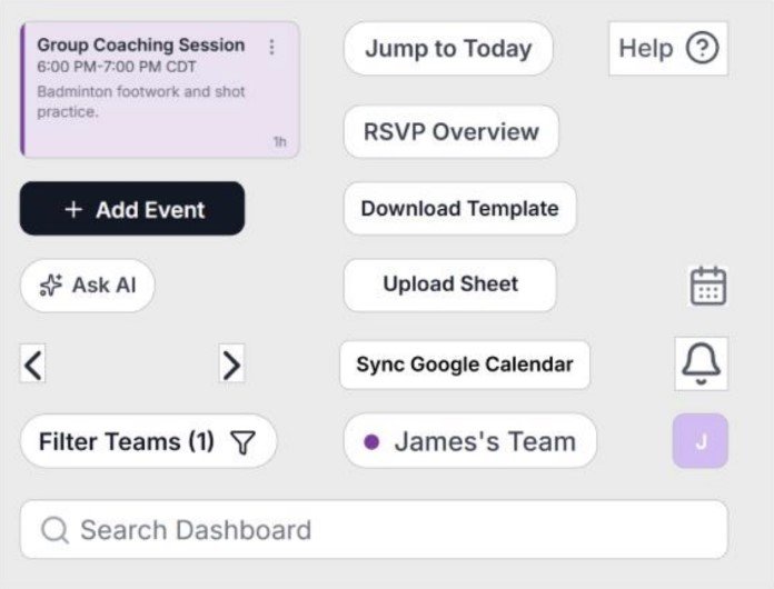 Collection of UI components from the Sportlingo calendar redesign, including event cards, navigation buttons, team filters, search bar, and Google Calendar synchronization.