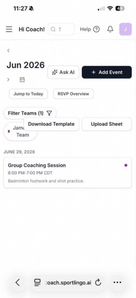 Old Sportlingo mobile calendar interface.